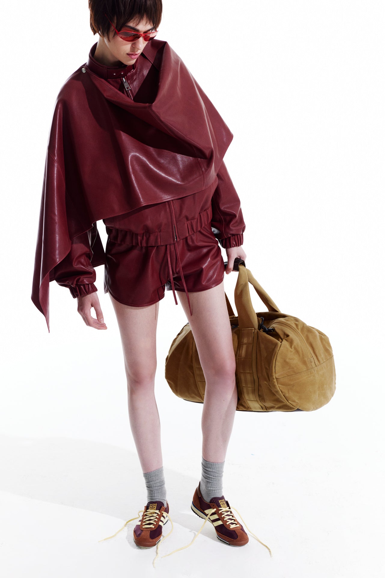 leather bomber jacket with cape - burgundy
