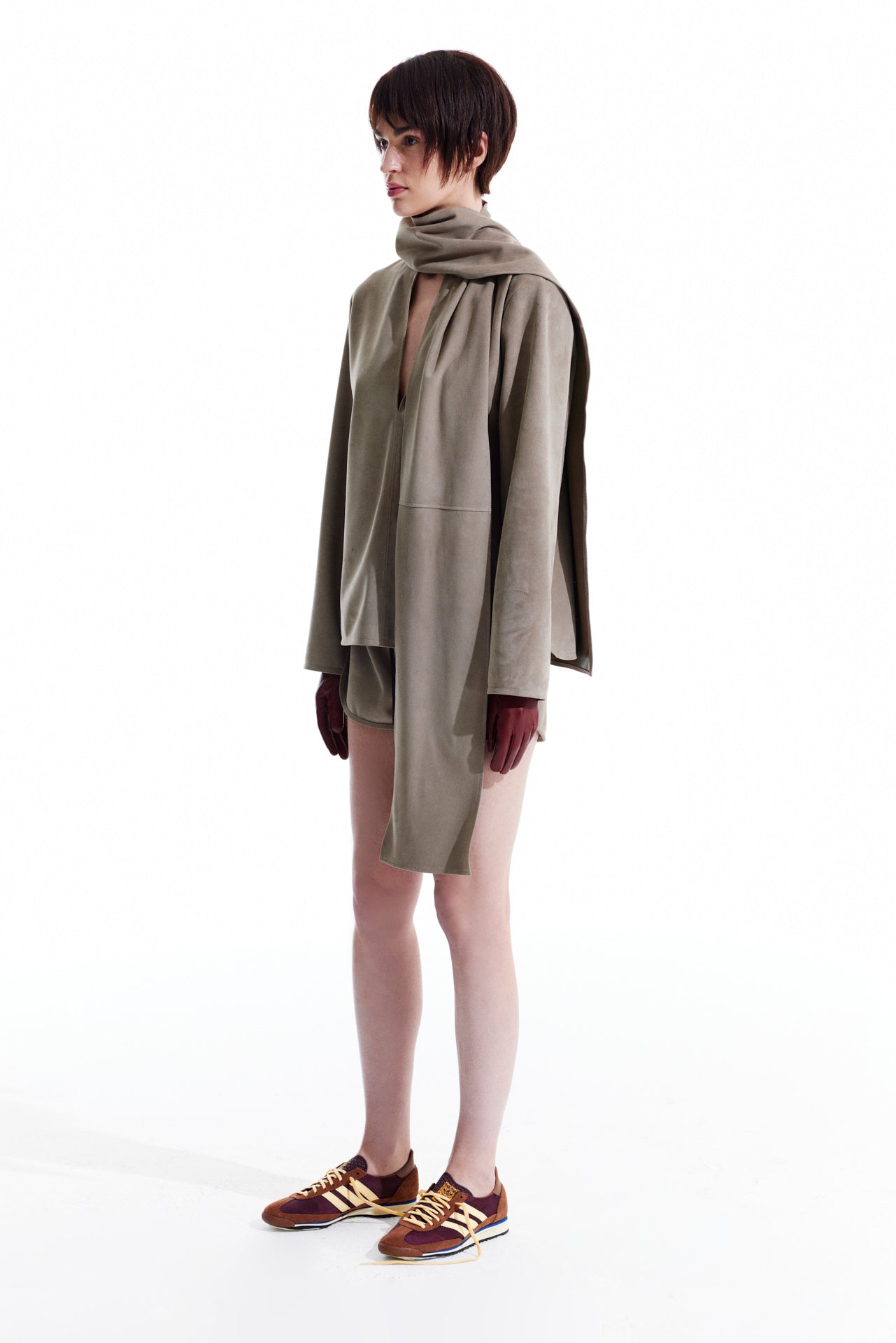 Scarf Neck Suede Blouse - Olive