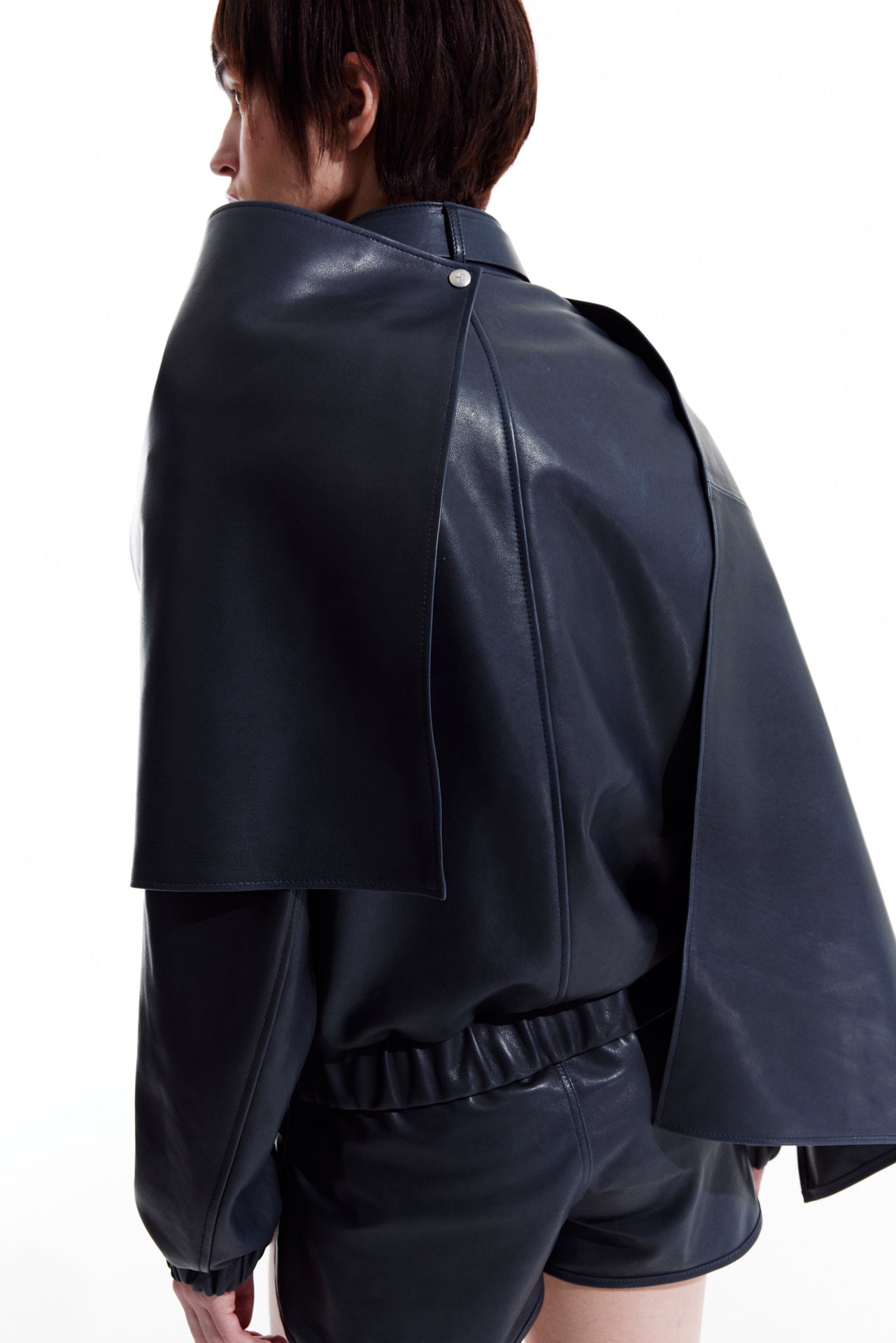leather bomber jacket with cape - dark navy