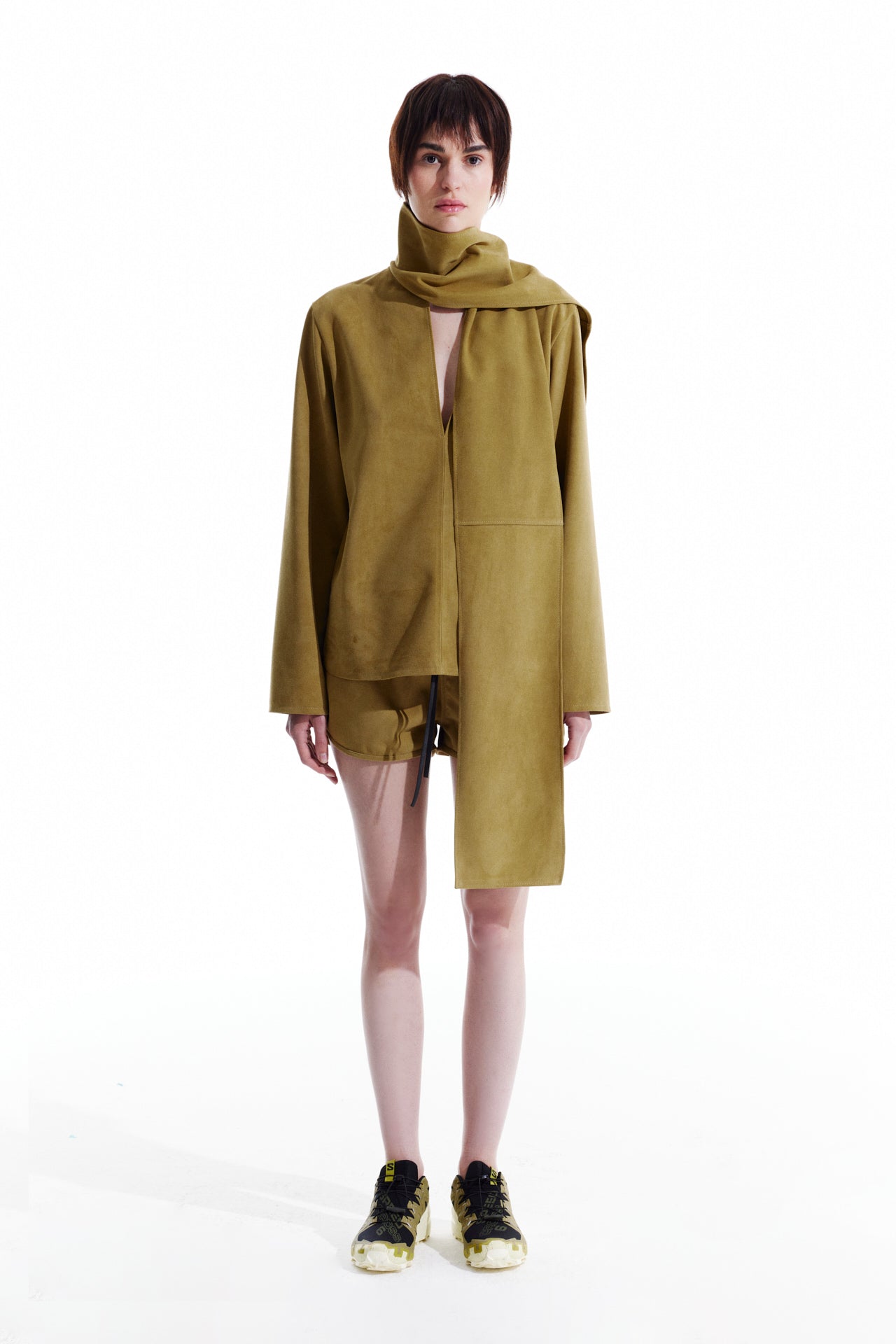Scarf Neck Suede Blouse - Olive