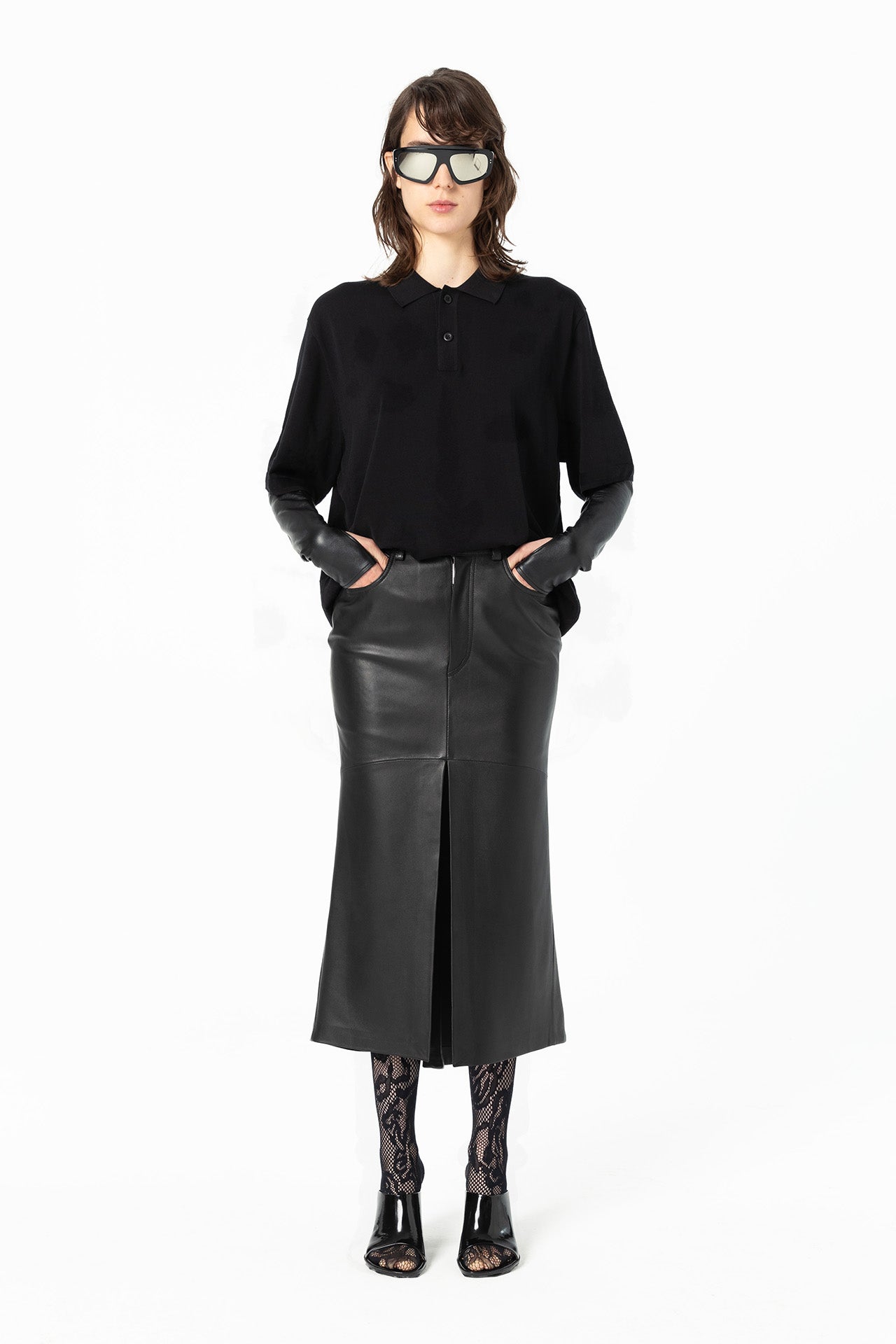 Regular Fit Midi Black Lamb Leather Pencil Skirt