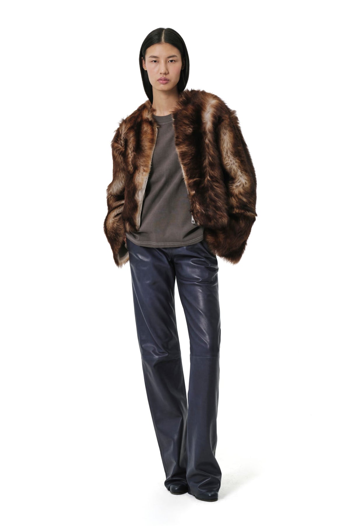 Shaggy Baby Collarless Coat | Toscana  Shearling – Dark Chocolate/Beige