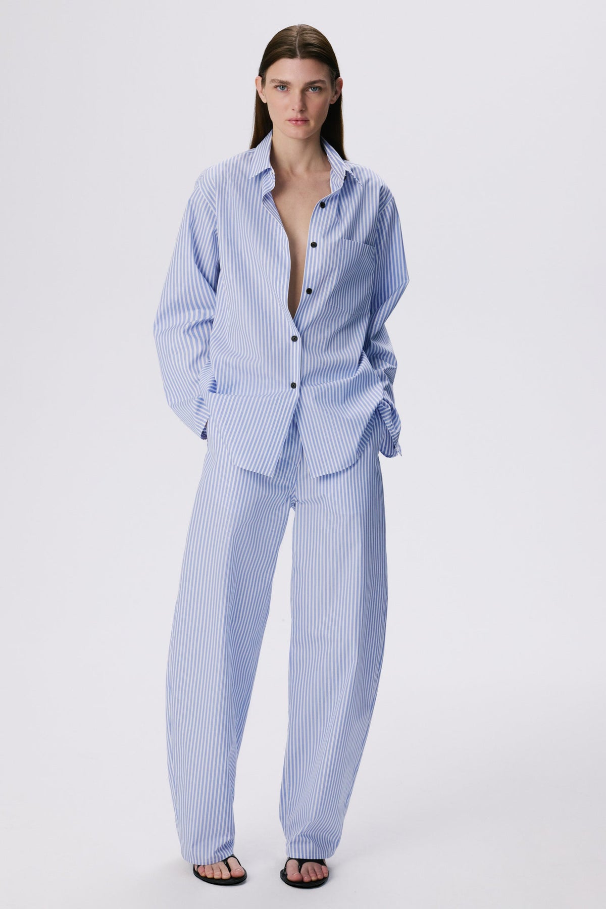 Soft Curve Barrel Pants | Cotton Poplin – Blue Stripe