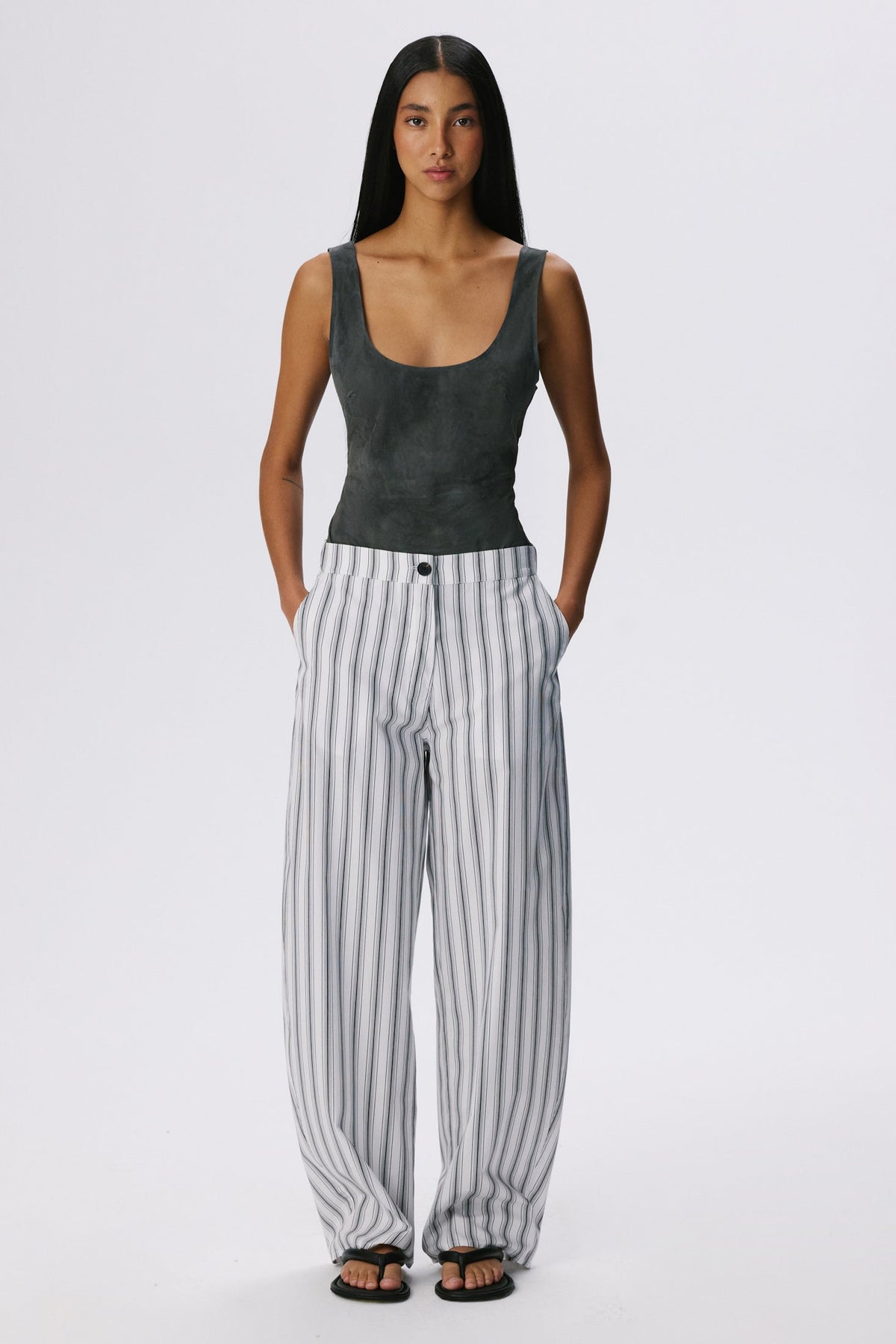 Soft Curve Barrel Pants | Cotton Poplin – Black / White Stripe