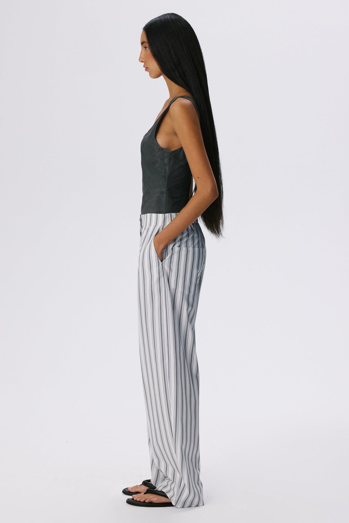 Soft Curve Barrel Pants | Cotton Poplin – Black / White Stripe