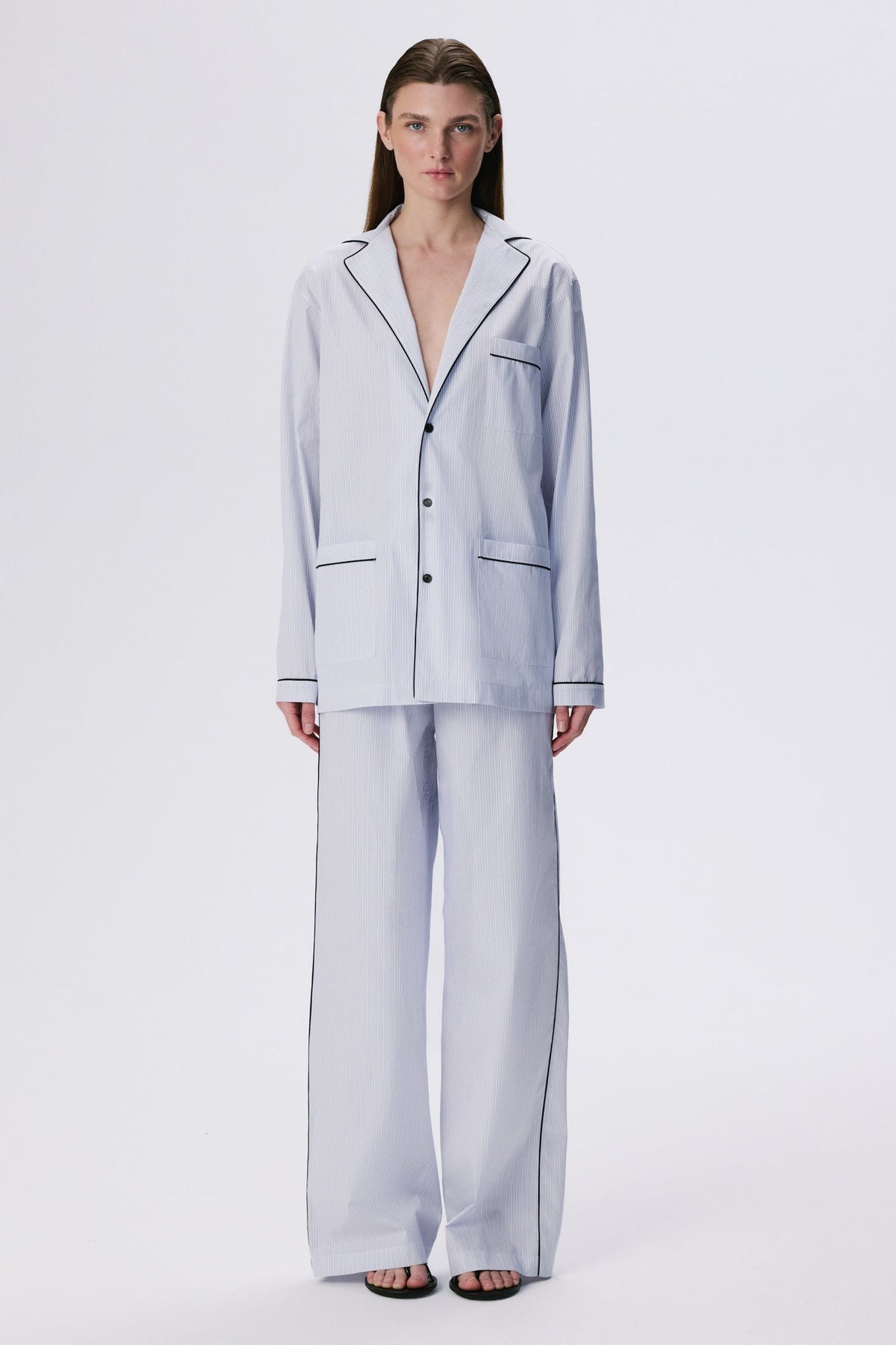 Lounge Pants | Cotton Poplin – Blue / Black Pinstripe