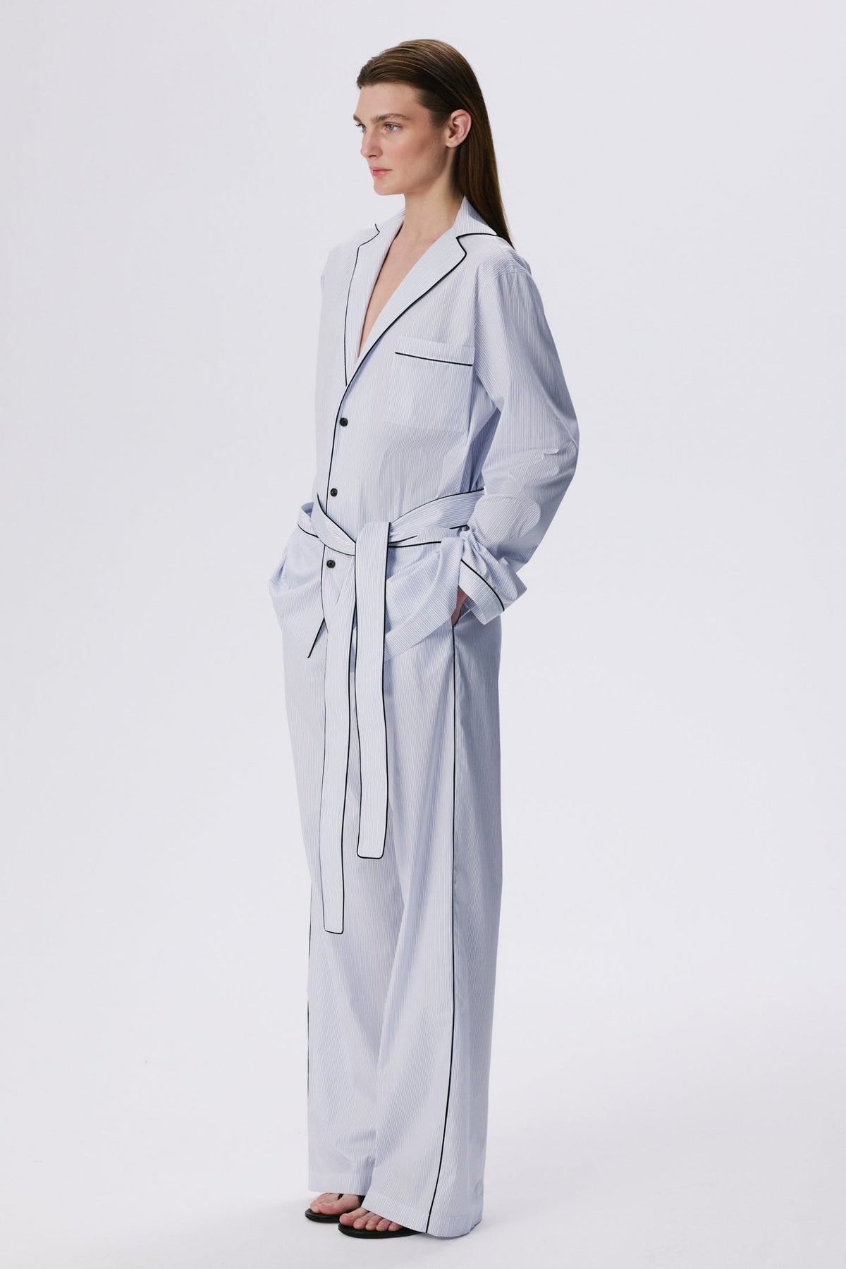 Lounge Pants | Cotton Poplin – Blue / Black Pinstripe