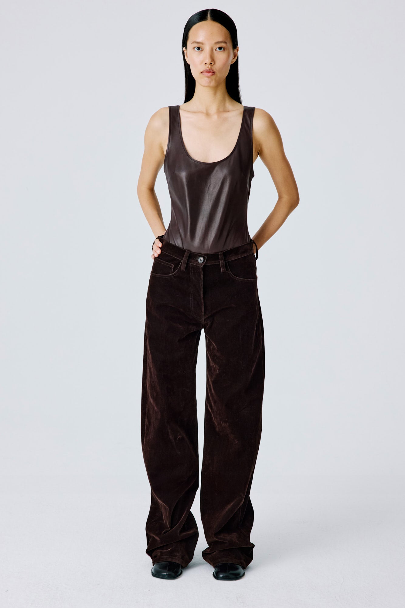 Soft Curve Barrel Pants - Chocolate Brown Ribbed Flock