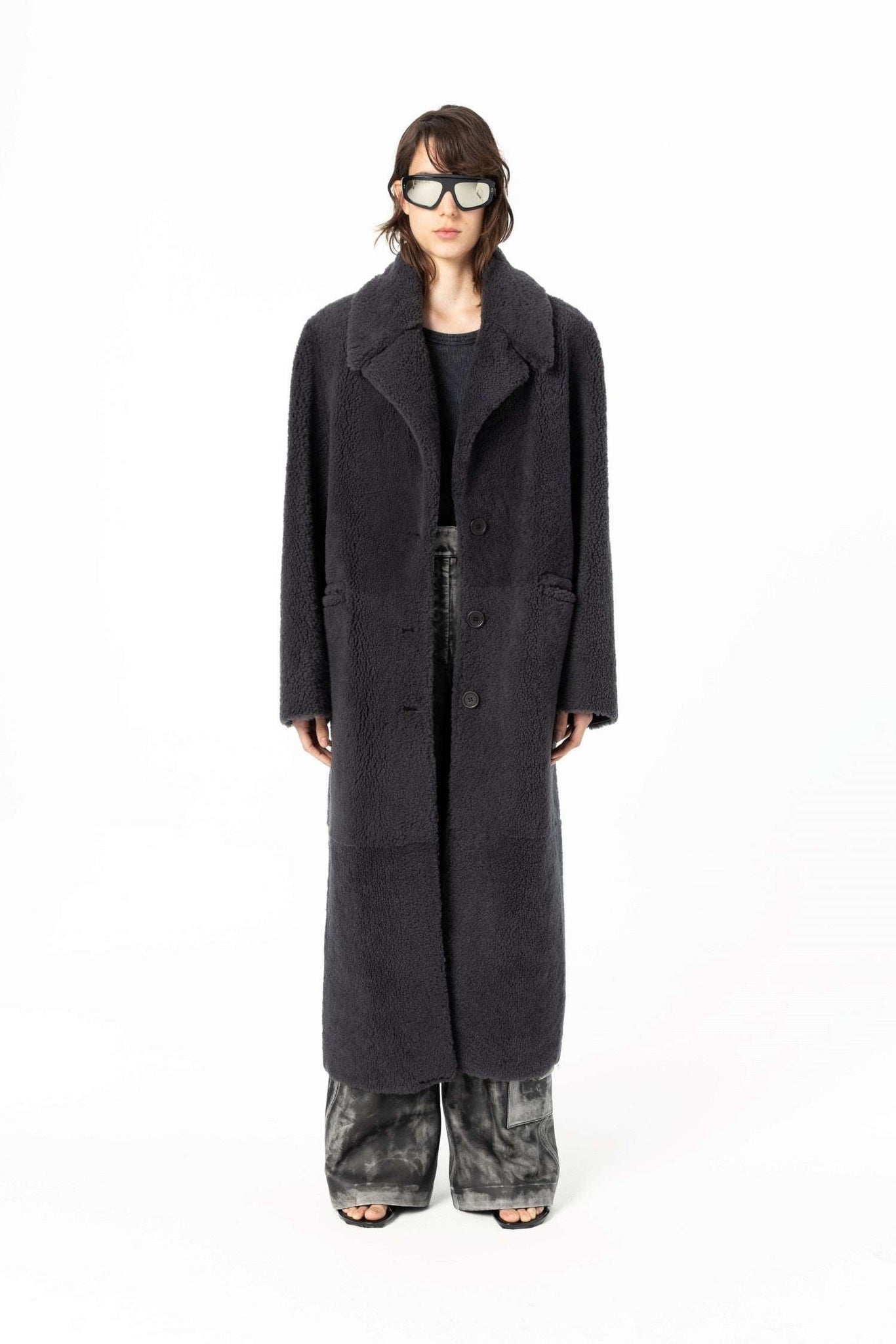 "Diana" V Neck Shearling Coat - Anthracite Grey