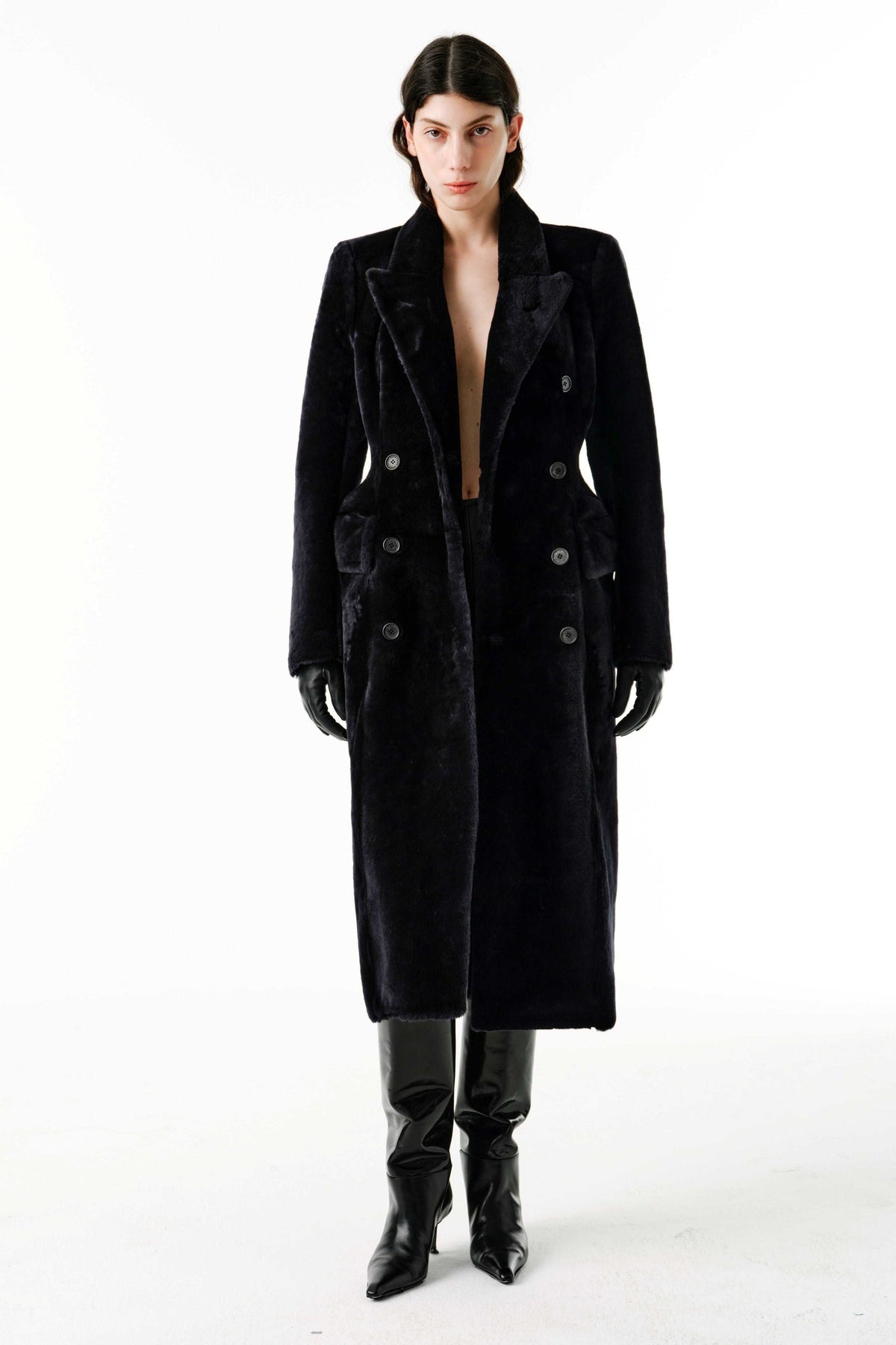 Curvy Coat | Semi-Curly Merino Shearling – Dark Navy