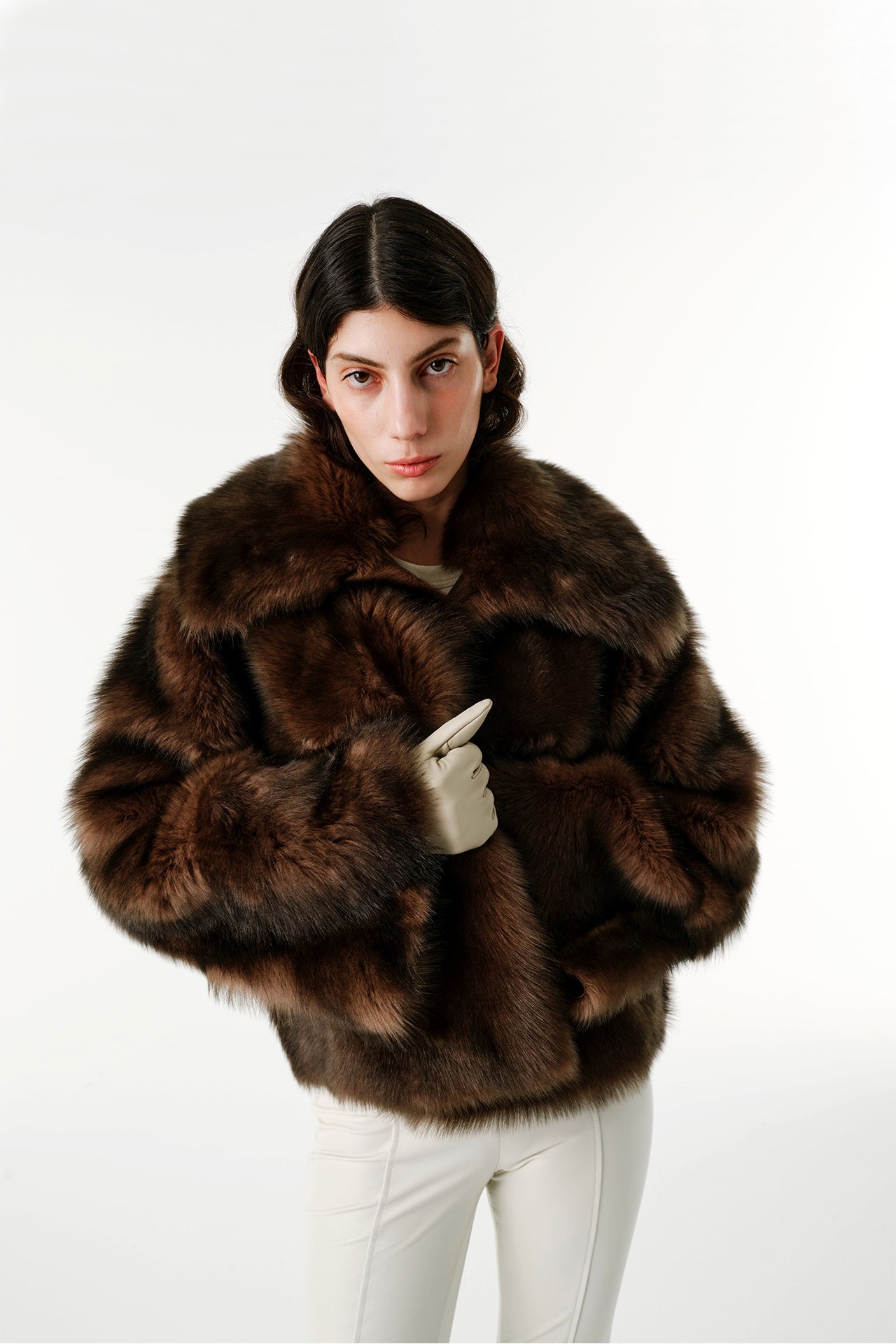 SHAGGY BABY MINI WITH COLLAR Oversized Shearling Fur Coat - BROWN