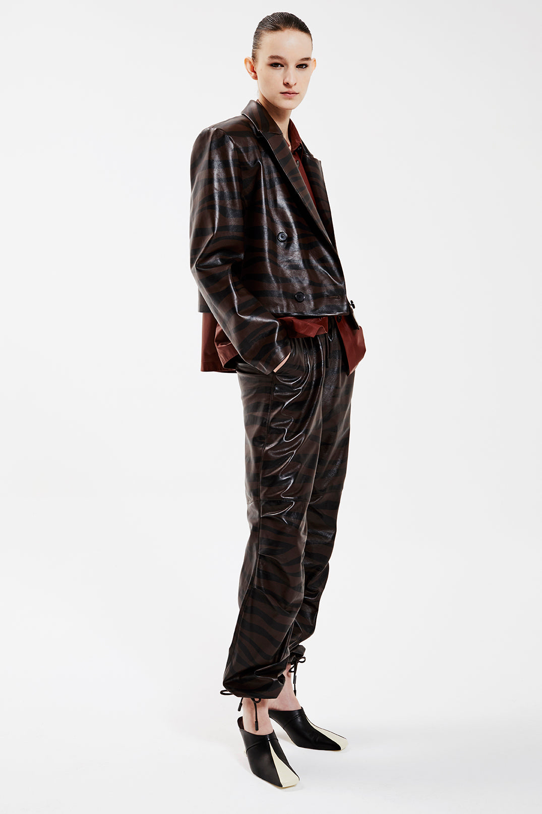 Crop Leather Blazer Jacket - Brown Zebra