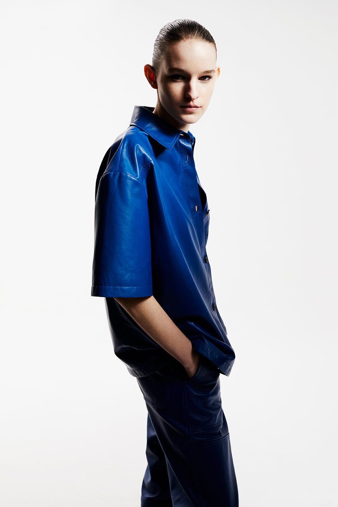 Short Sleeve Leather Shirt - Bright Blue