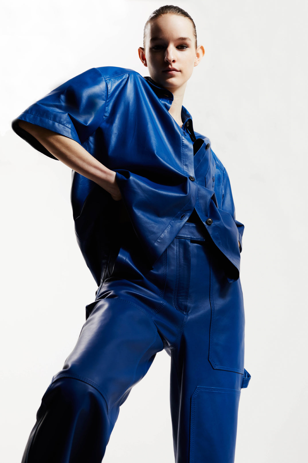 Short Sleeve Leather Shirt - Bright Blue