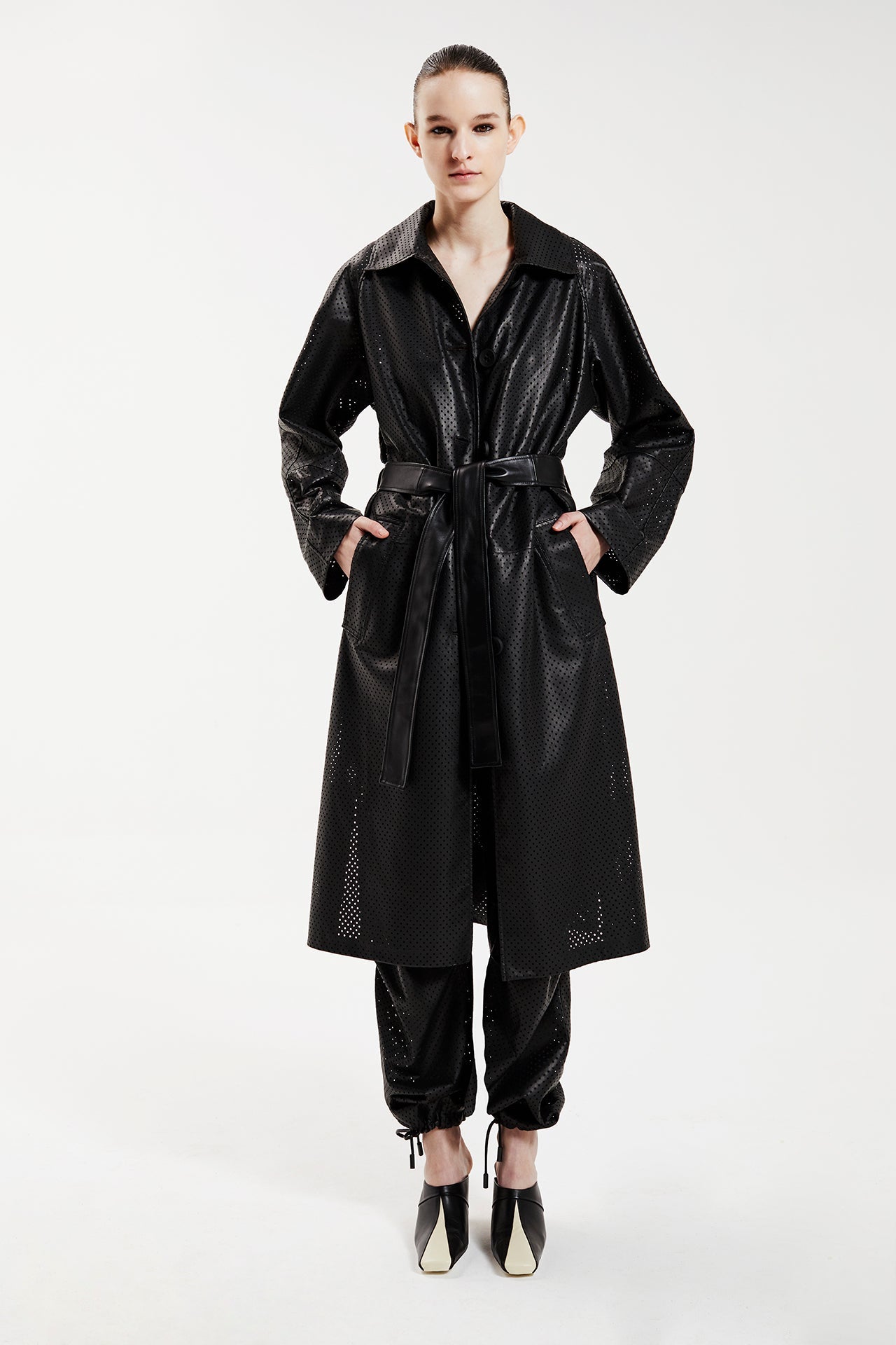 SLOW DANCE BALMACAAN trench COAT - BLACK PERFORATED