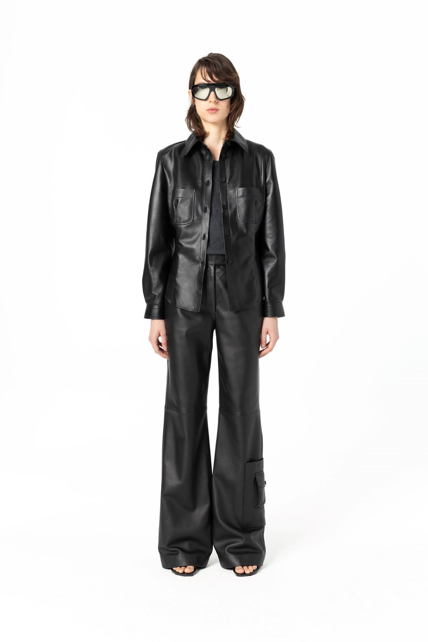 Loose Fit Wide Leg Vintage Black Lamb Leather Pants