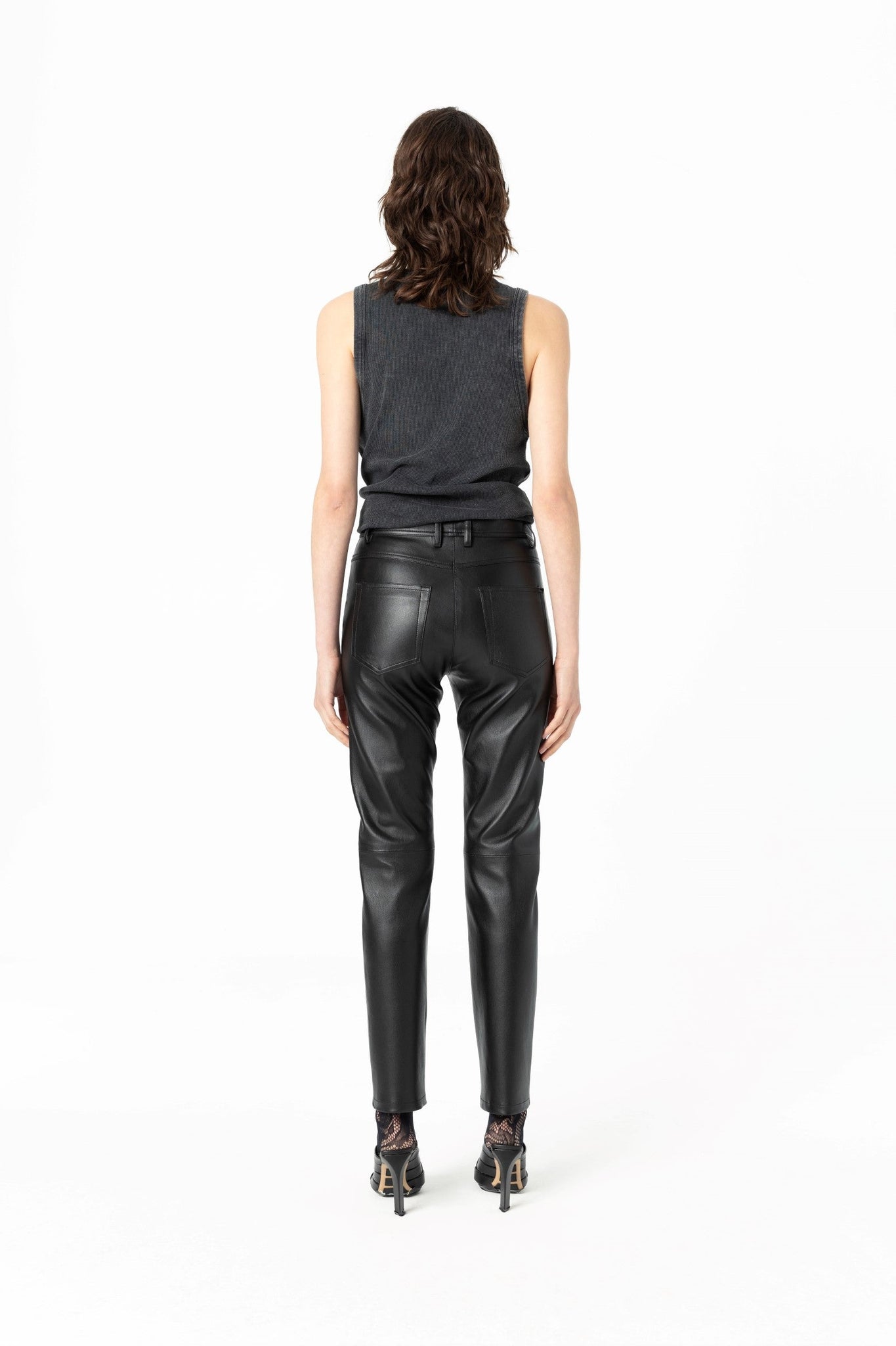 High Waisted Slim Fit Stretch Lamb Leather Cigarette Pants